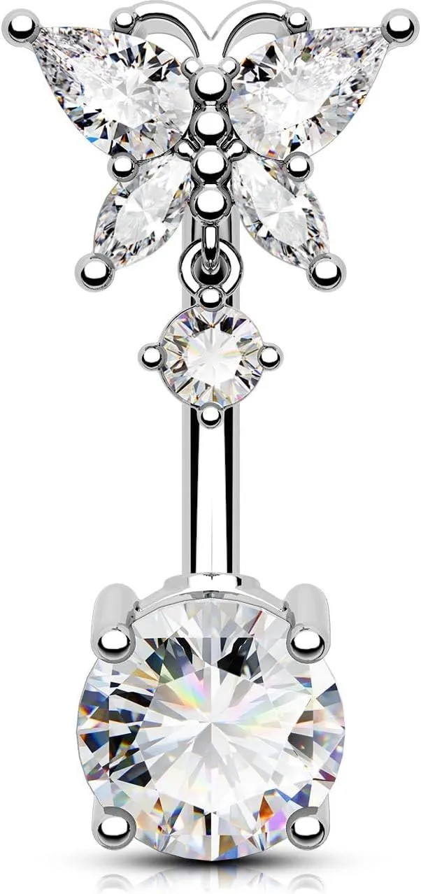 OUFER Belly Button Rings, Butterfly Belly Rings, 316L Surgical Steel Navel Rings, Clear CZ Belly Piercing Jewelry, Dangle Belly Rings For Women Men
