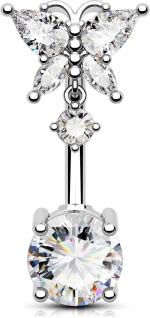 OUFER Belly Button Rings, Butterfly Belly Rings, 316L Surgical Steel Navel Rings, Clear CZ Belly Piercing Jewelry, Dangle Belly Rings For Women Men