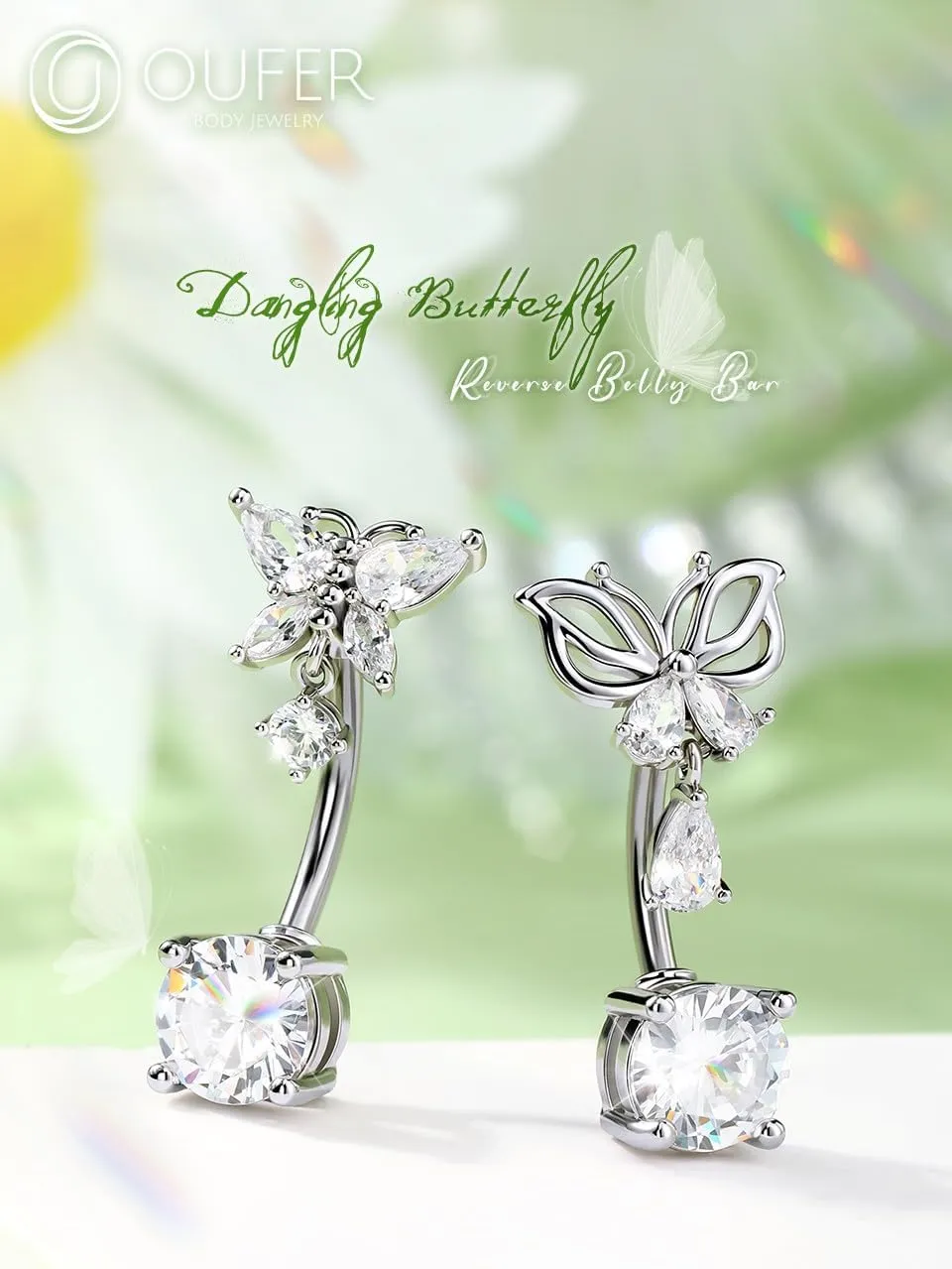 OUFER Belly Button Rings, Butterfly Belly Rings, 316L Surgical Steel Navel Rings, Clear CZ Belly Piercing Jewelry, Dangle Belly Rings For Women Men