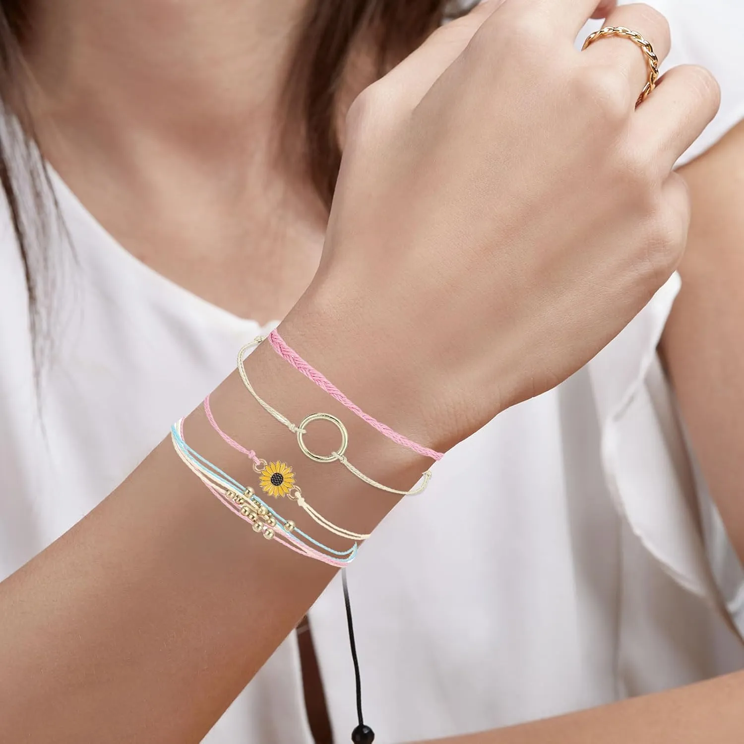 PATIKIL Sunflower String Bracelets, 6 Pack Adjustable Handmade Bracelets Waterproof Braided Rope for Decoration Friends Couples Gift, Pink