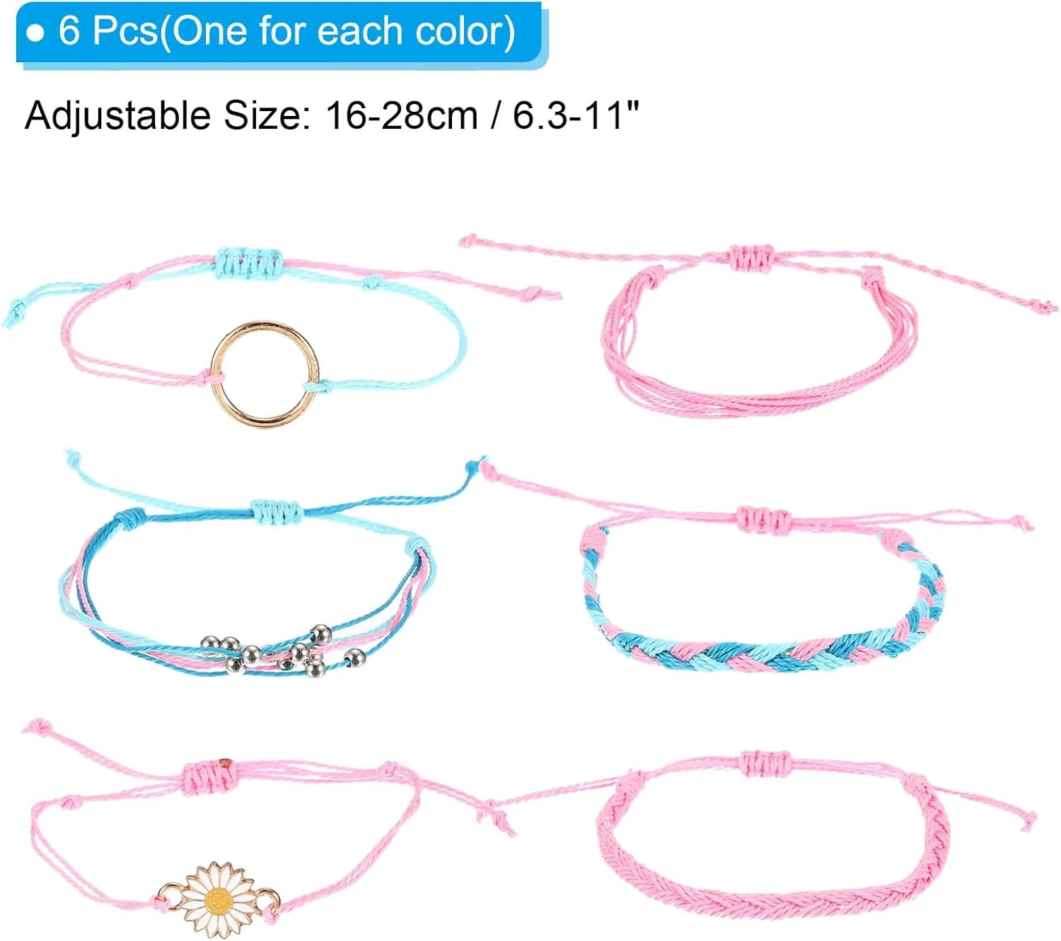 PATIKIL Sunflower String Bracelets, 6 Pack Adjustable Handmade Bracelets Waterproof Braided Rope for Decoration Friends Couples Gift, Pink