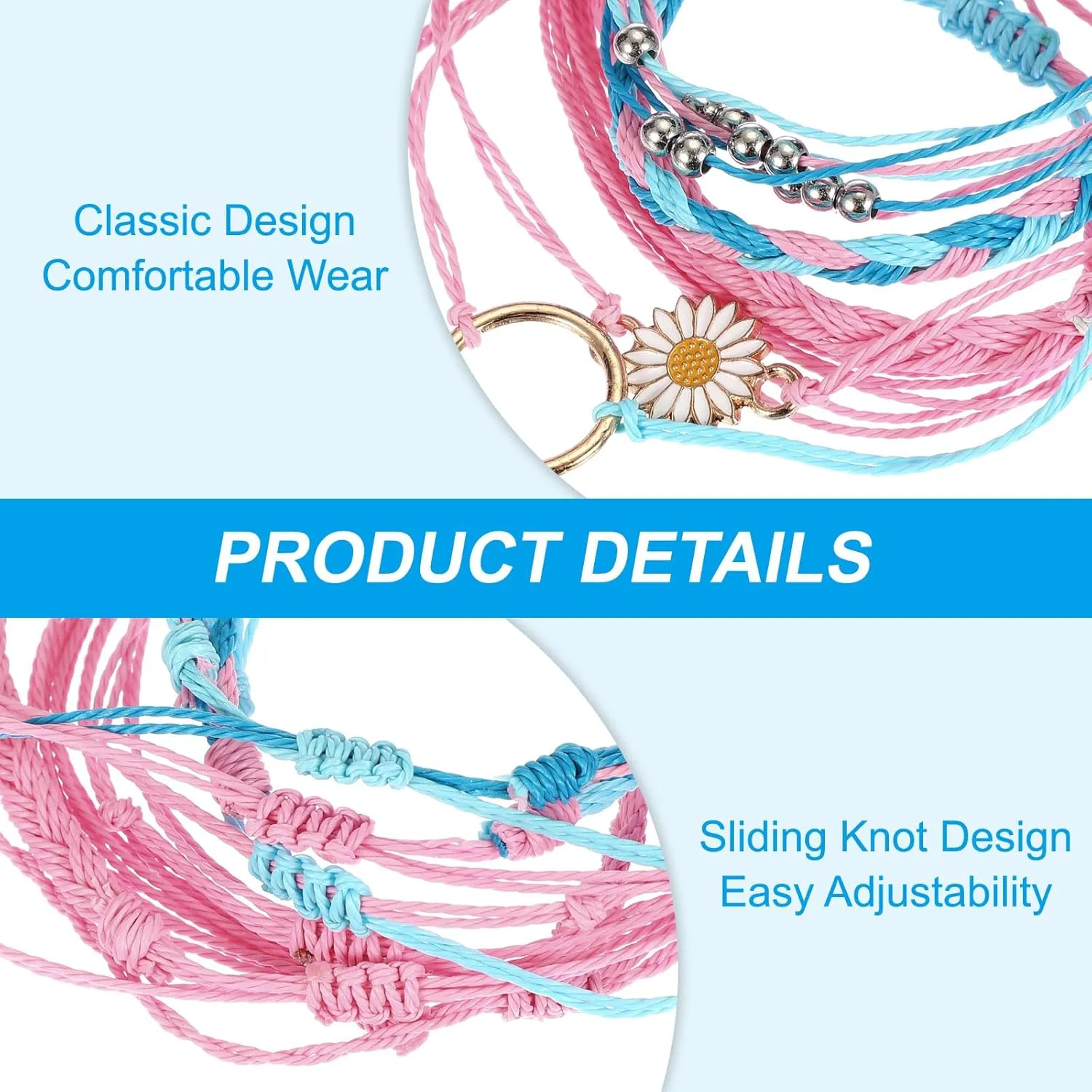 PATIKIL Sunflower String Bracelets, 6 Pack Adjustable Handmade Bracelets Waterproof Braided Rope for Decoration Friends Couples Gift, Pink