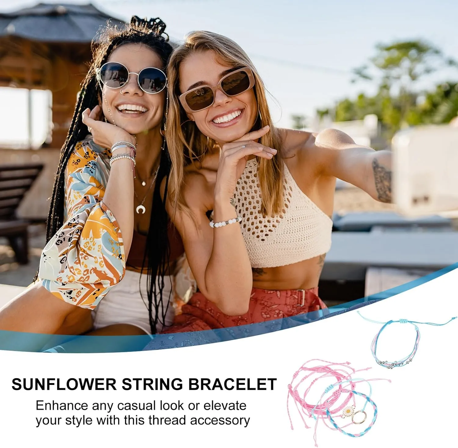 PATIKIL Sunflower String Bracelets, 6 Pack Adjustable Handmade Bracelets Waterproof Braided Rope for Decoration Friends Couples Gift, Pink
