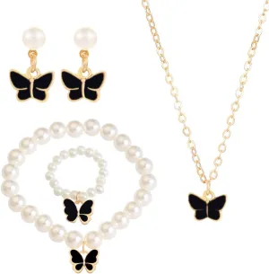Pearl Butterfly Jewelry Set 4 Pieces Butterfly Pendant Necklace Bracelet Earrings for Women Insect Butterfly Chokers Necklace Jewelry Set Gifts