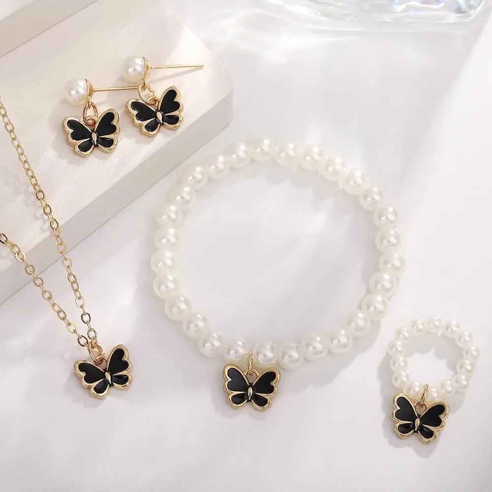 Pearl Butterfly Jewelry Set 4 Pieces Butterfly Pendant Necklace Bracelet Earrings for Women Insect Butterfly Chokers Necklace Jewelry Set Gifts