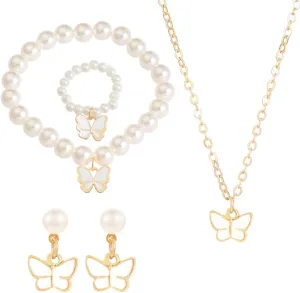 Pearl Butterfly Jewelry Set 4 Pieces Butterfly Pendant Necklace Bracelet Earrings for Women Insect Butterfly Chokers Necklace Jewelry Set Gifts