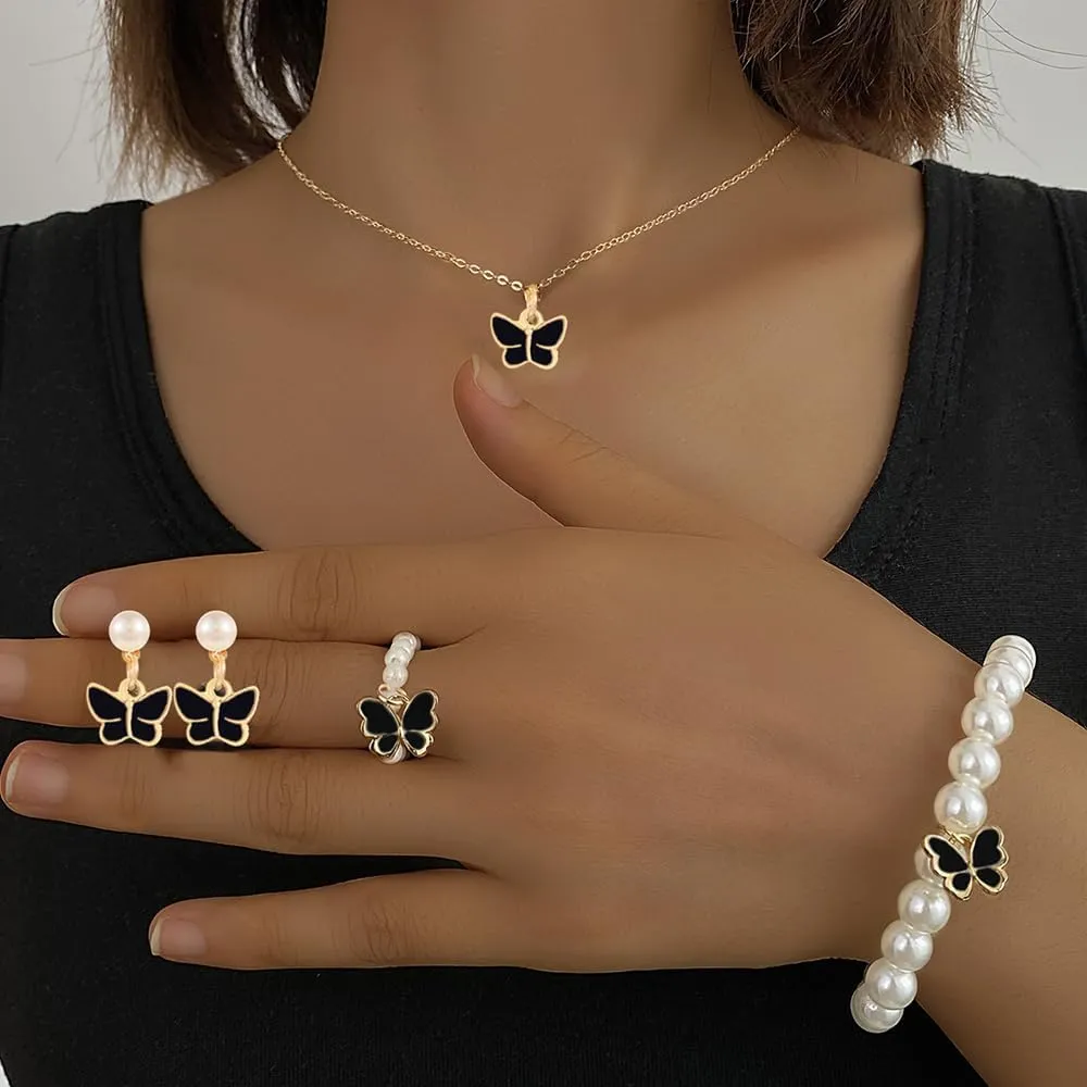 Pearl Butterfly Jewelry Set 4 Pieces Butterfly Pendant Necklace Bracelet Earrings for Women Insect Butterfly Chokers Necklace Jewelry Set Gifts
