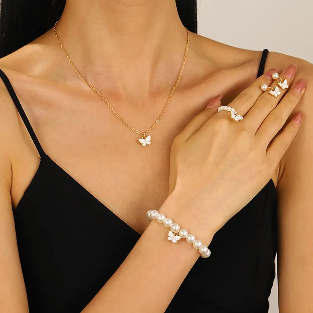 Pearl Butterfly Jewelry Set 4 Pieces Butterfly Pendant Necklace Bracelet Earrings for Women Insect Butterfly Chokers Necklace Jewelry Set Gifts