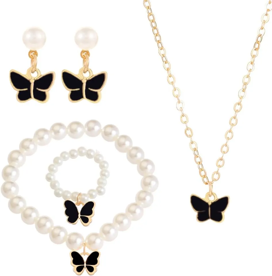 Pearl Butterfly Jewelry Set 4 Pieces Butterfly Pendant Necklace Bracelet Earrings for Women Insect Butterfly Chokers Necklace Jewelry Set Gifts