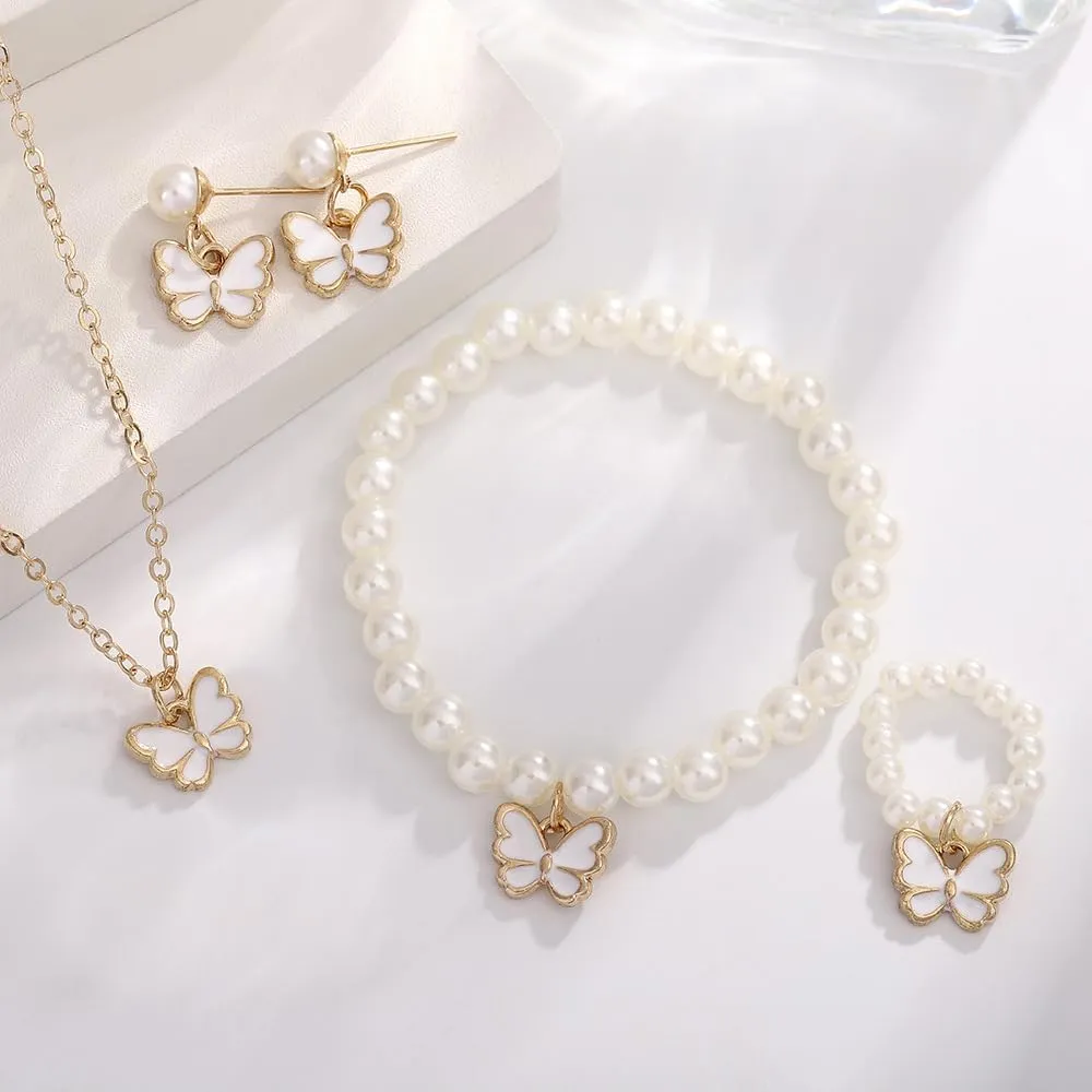 Pearl Butterfly Jewelry Set 4 Pieces Butterfly Pendant Necklace Bracelet Earrings for Women Insect Butterfly Chokers Necklace Jewelry Set Gifts