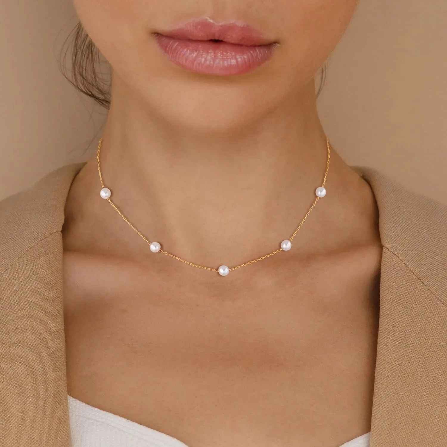 Pearl Choker Necklace for Women Dainty 14k Gold Plated Pearl Chain Necklace Gold Simple Trendy Gold Jewelry Gift for Women