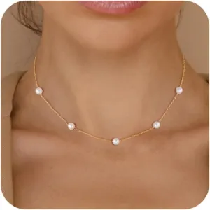 Pearl Choker Necklace for Women Dainty 14k Gold Plated Pearl Chain Necklace Gold Simple Trendy Gold Jewelry Gift for Women