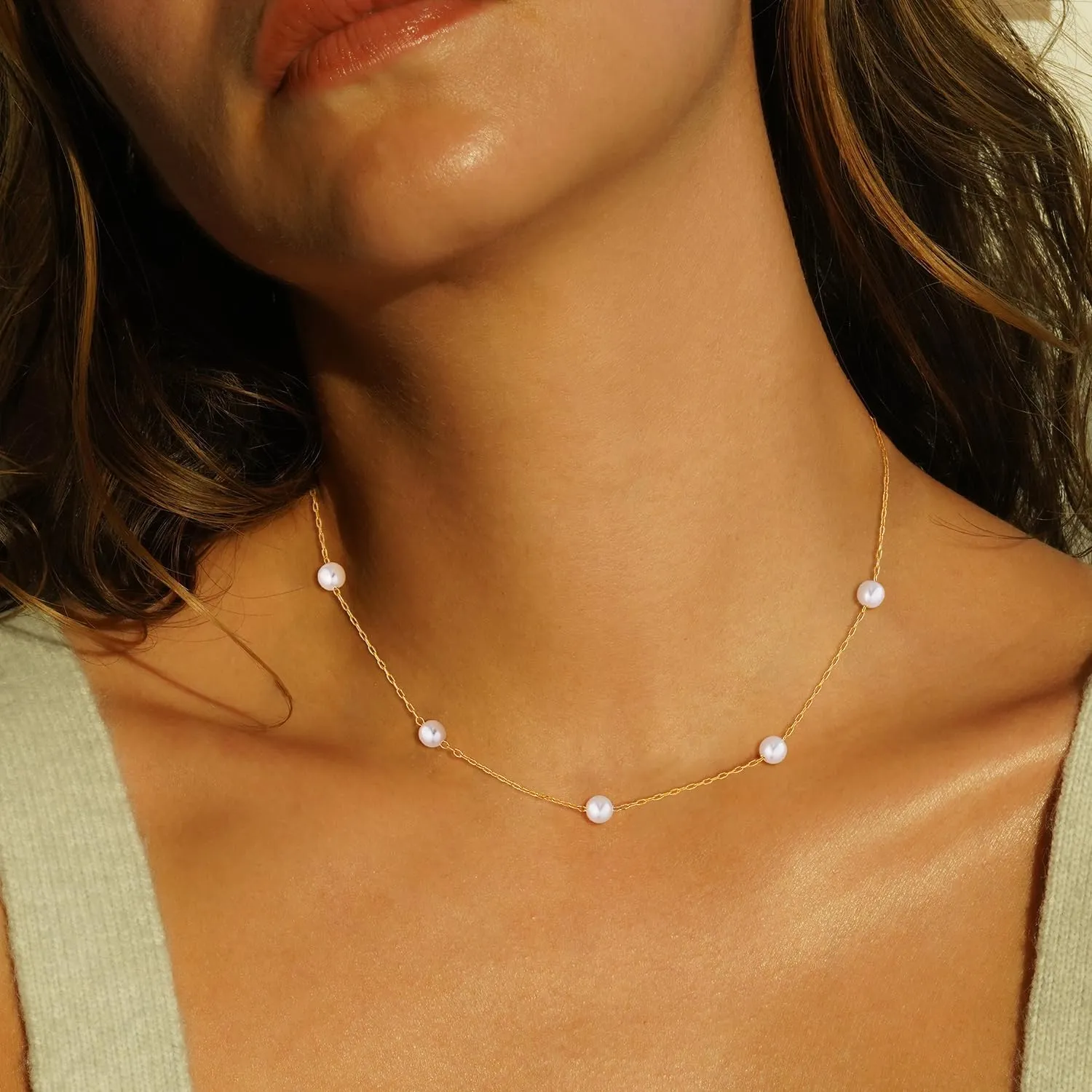 Pearl Choker Necklace for Women Dainty 14k Gold Plated Pearl Chain Necklace Gold Simple Trendy Gold Jewelry Gift for Women