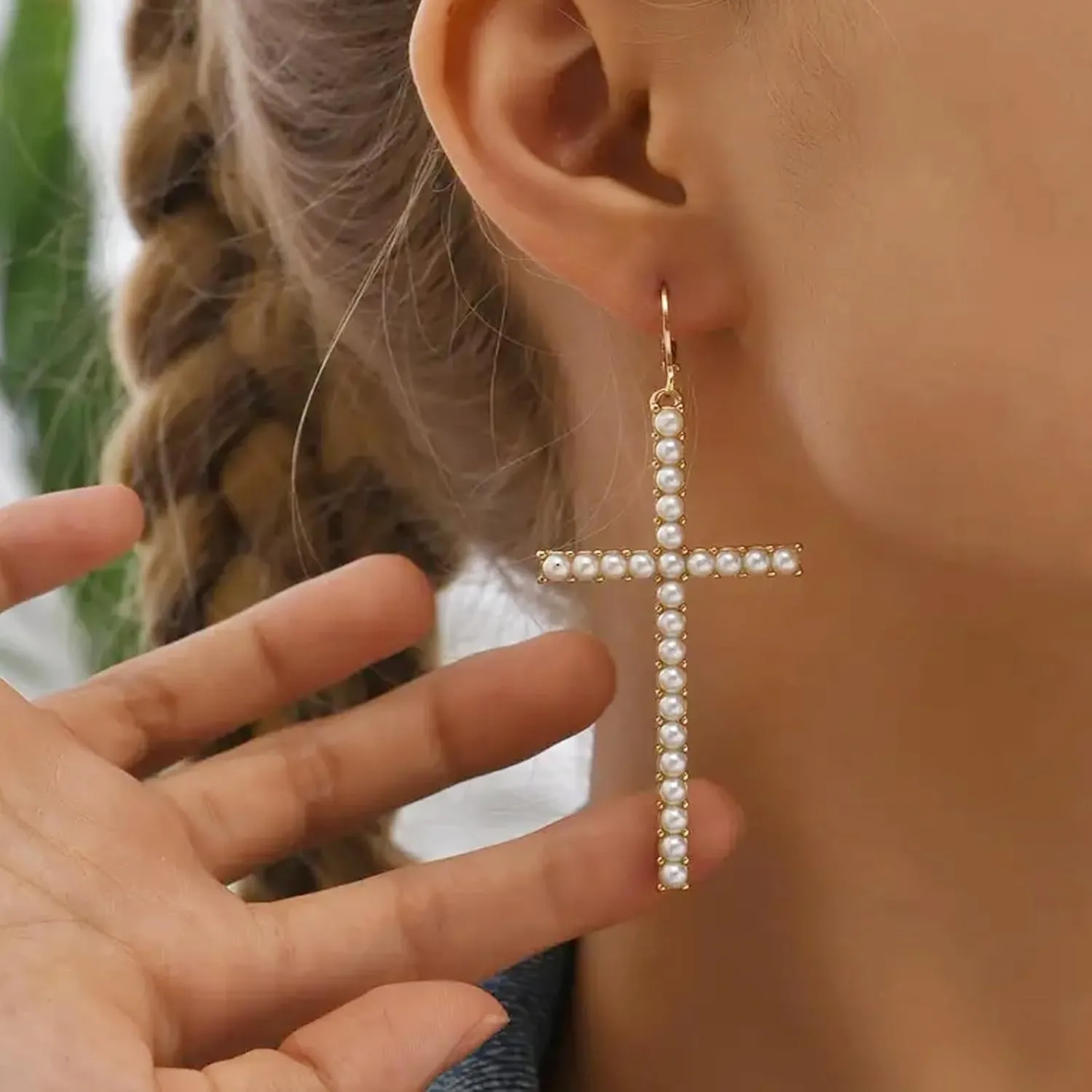 Pearl Cross Earrings for Women Cross Hoop Earrings