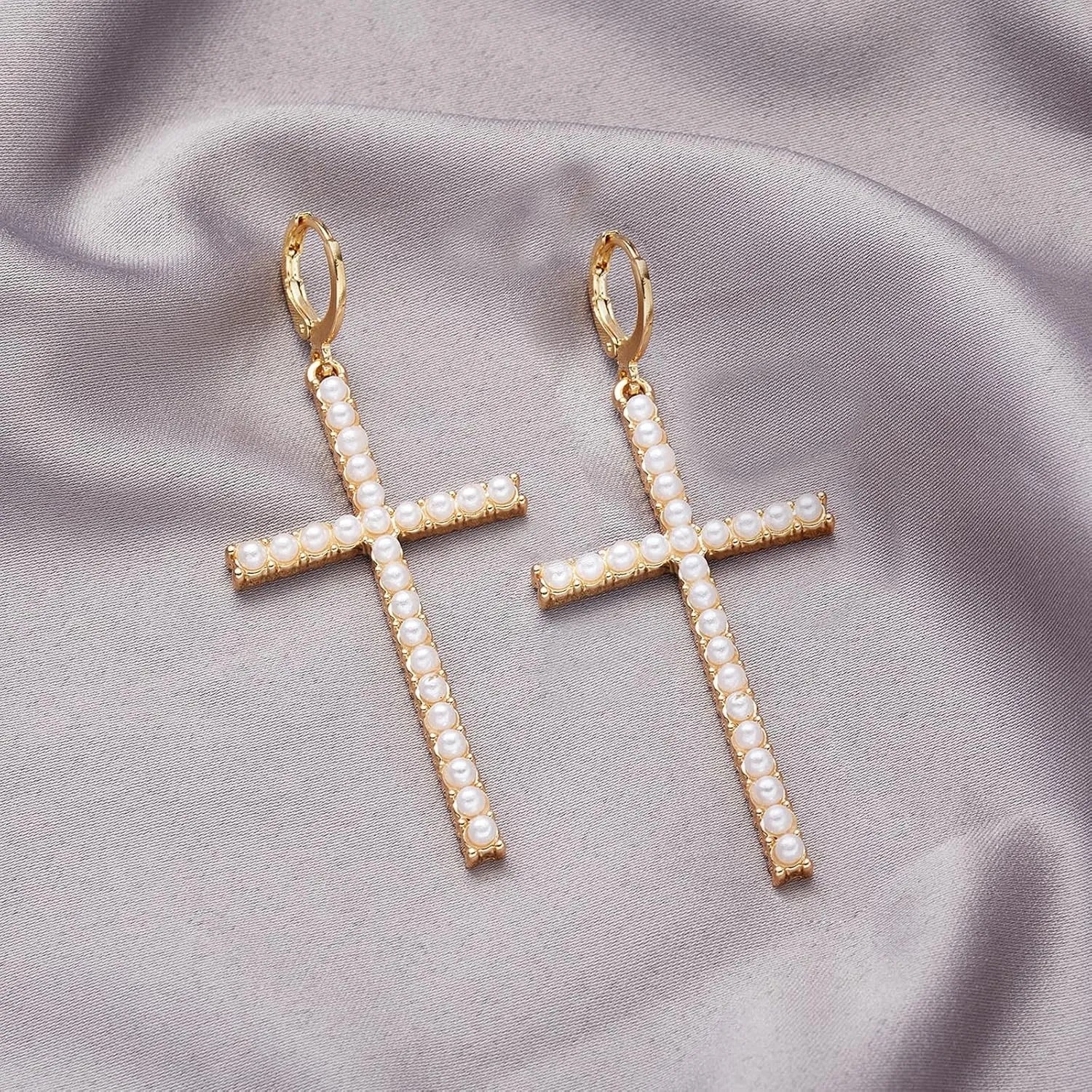 Pearl Cross Earrings for Women Cross Hoop Earrings