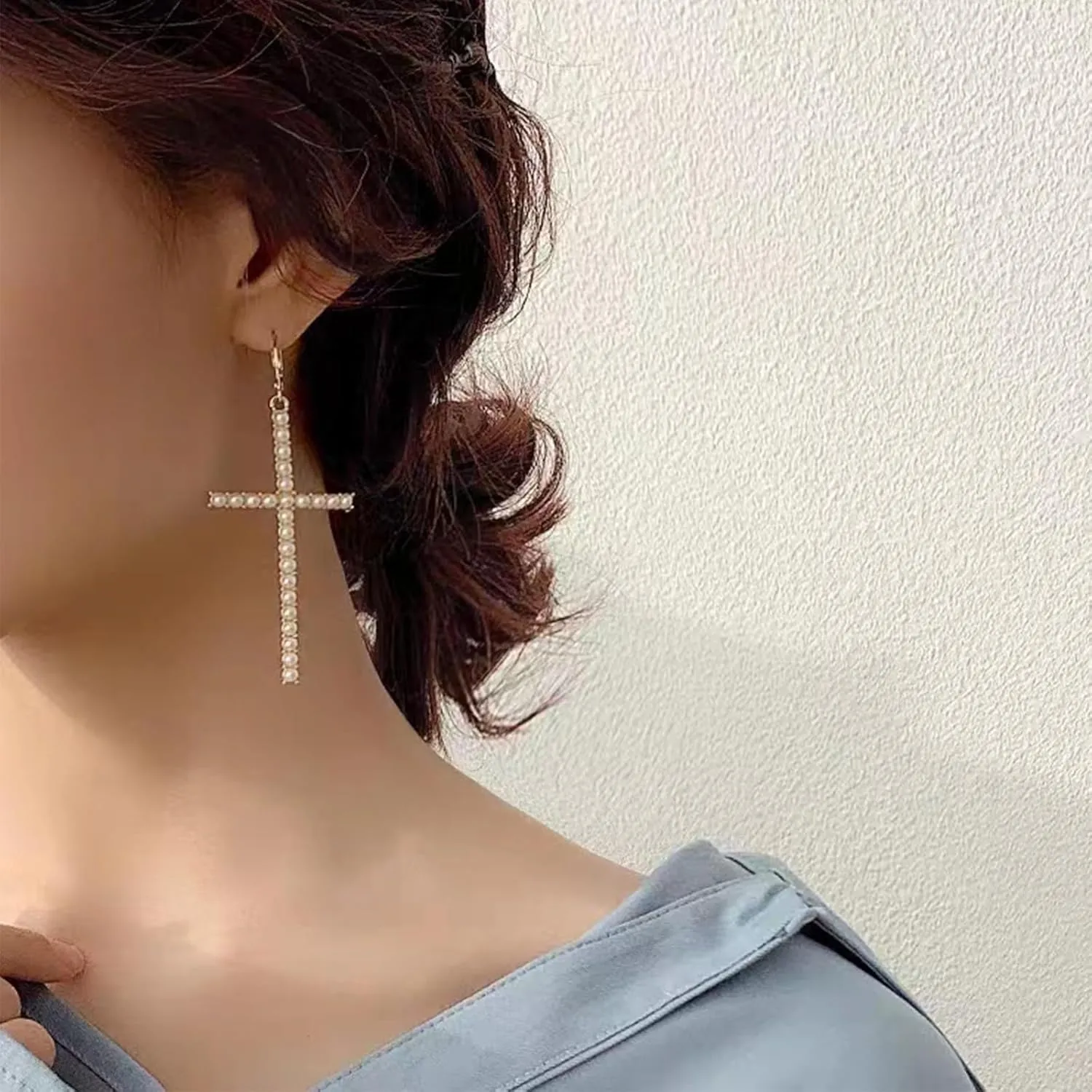 Pearl Cross Earrings for Women Cross Hoop Earrings
