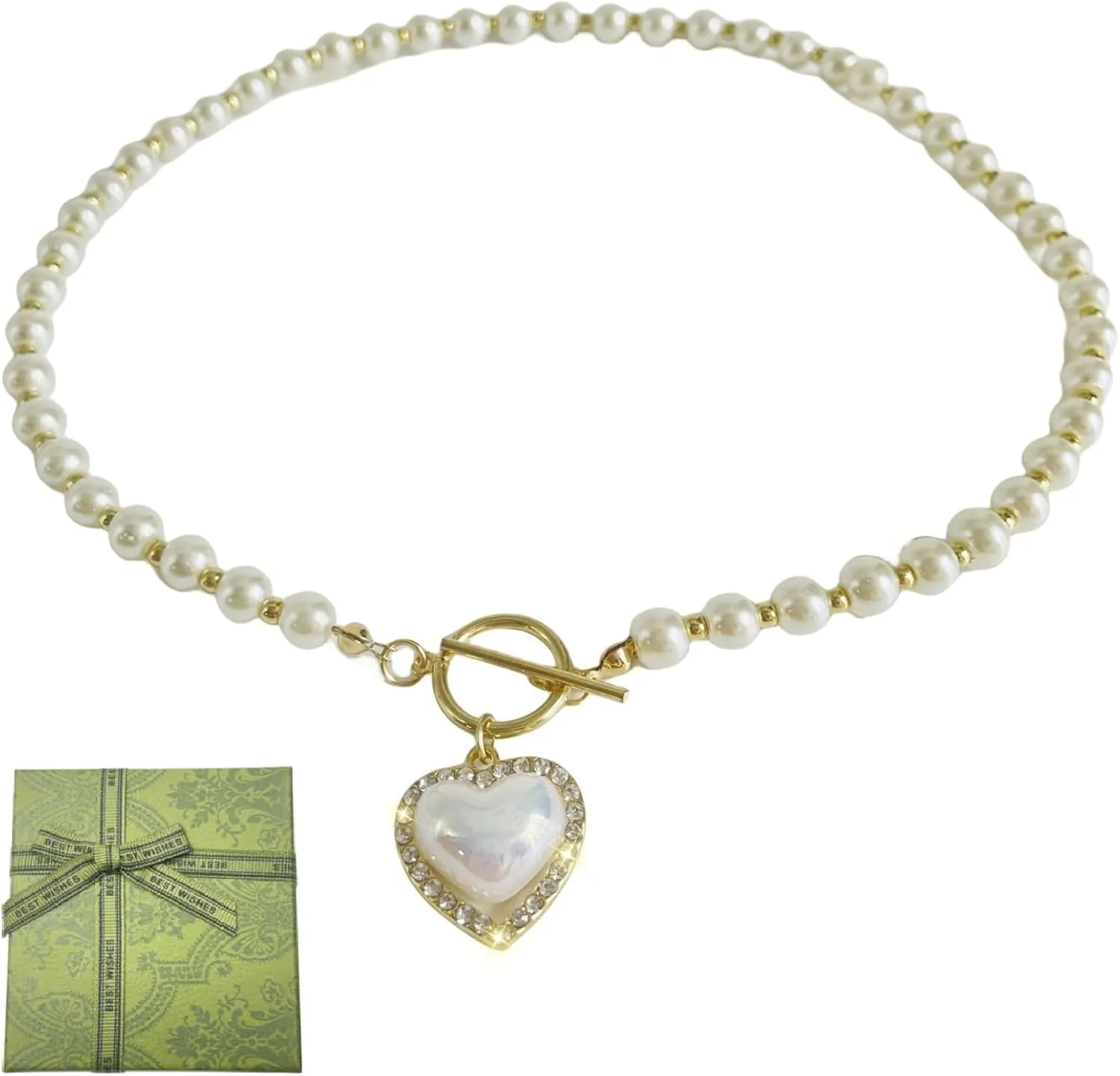 Pearl Heart Necklace Choker - Coquette Necklace Jewelry for Women Adjustable Gold Plated Faux Pearl Necklaces Trendy Gifts Daily Fashion,Valentines Gift