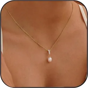 Pearl Necklace for Women Trendy,14k Gold Plated Necklace Dainty Wedding Necklace Small Cute Choker Necklace Beaded Lariat Drop Necklace Vintage Waterproof Jewelry for Women Gold Jewelry Fashion Gifts