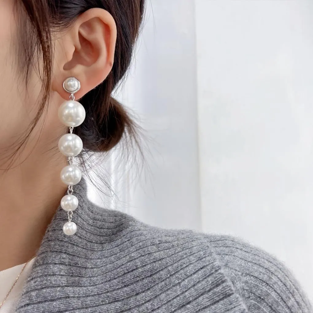 Pearl Tassel Drop Dangle Earrings for Women Vintage Gold Plated Geometric Long Pearl Chain Dangle Earrings Exaggerated Wedding Party Jewelry Gift