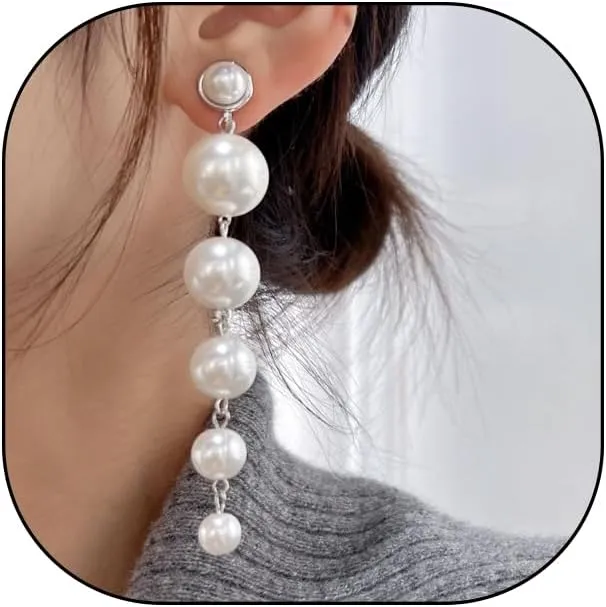 Pearl Tassel Drop Dangle Earrings for Women Vintage Gold Plated Geometric Long Pearl Chain Dangle Earrings Exaggerated Wedding Party Jewelry Gift