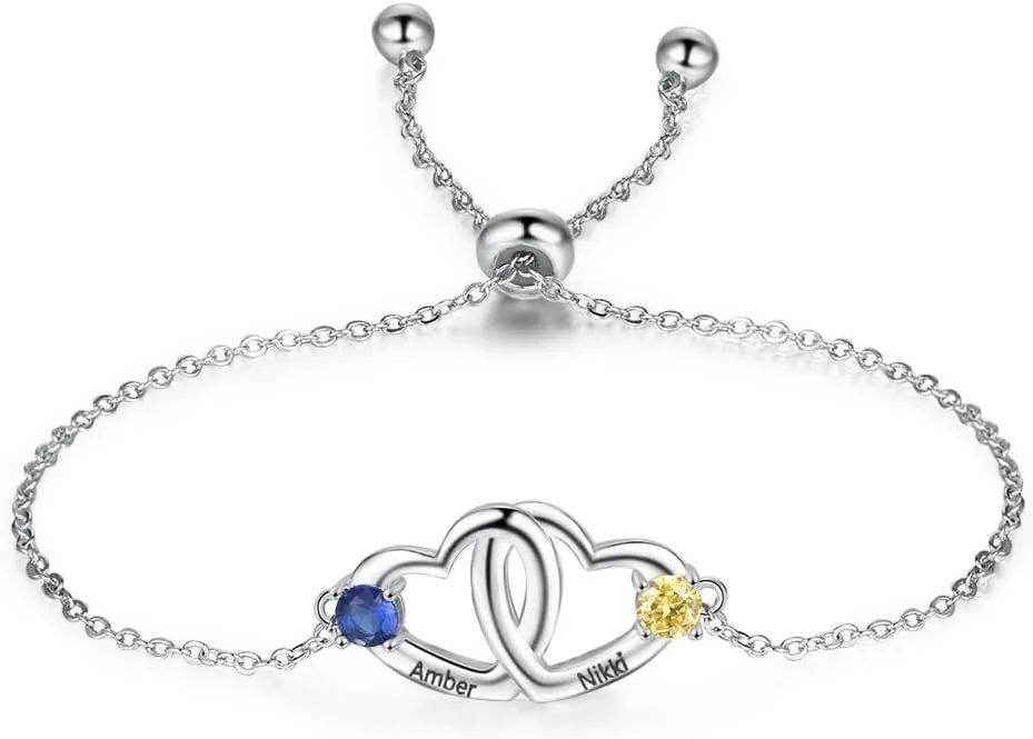 Personalized 2 Heart Simulated Birthstone Bracelets Adjustable Custom 2 Names Bangle Engraved Best Friend Love Bracelets for Women