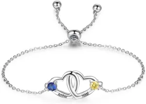 Personalized 2 Heart Simulated Birthstone Bracelets Adjustable Custom 2 Names Bangle Engraved Best Friend Love Bracelets for Women