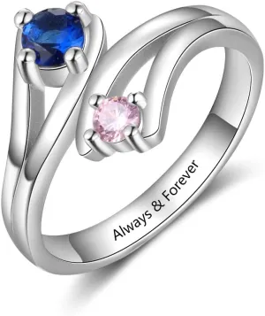 Personalized 2 Simulated Birthstone Rings Promise Rings for Her Engraved Couples Engagement Rings for Women (9)