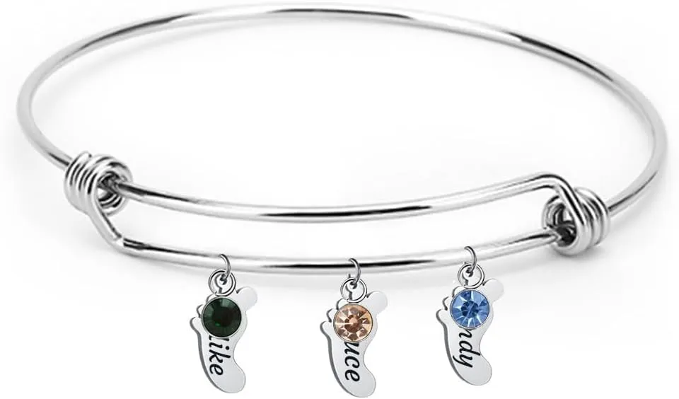 Personalized Bangle Bracelets for Women with Name Mother Child Birthstone Bracelet Grandma Bracelet with Grandkids Names,Children Footprint Jewelry