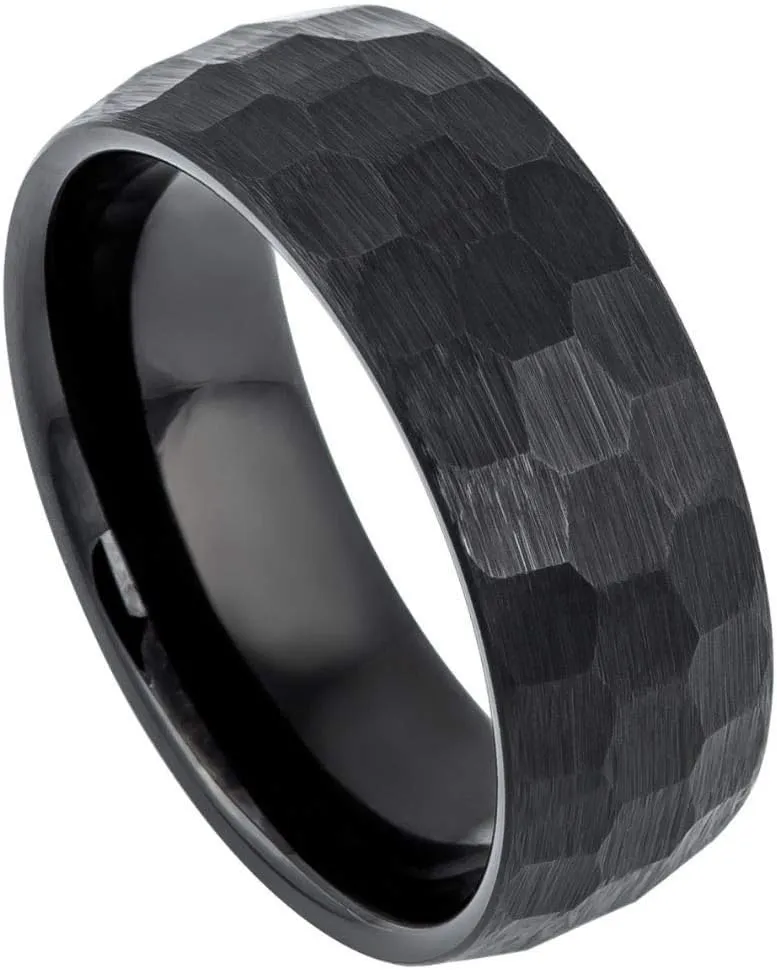 Personalized engraving Ring for Men and Ring for Women tungsten Band Rings 8mm Black IP Plated Brushed Hammered Center Wedding Band Ring Ideal Rings for couples