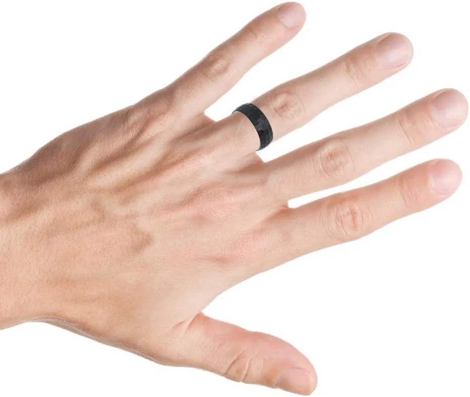 Personalized engraving Ring for Men and Ring for Women tungsten Band Rings 8mm Black IP Plated Brushed Hammered Center Wedding Band Ring Ideal Rings for couples