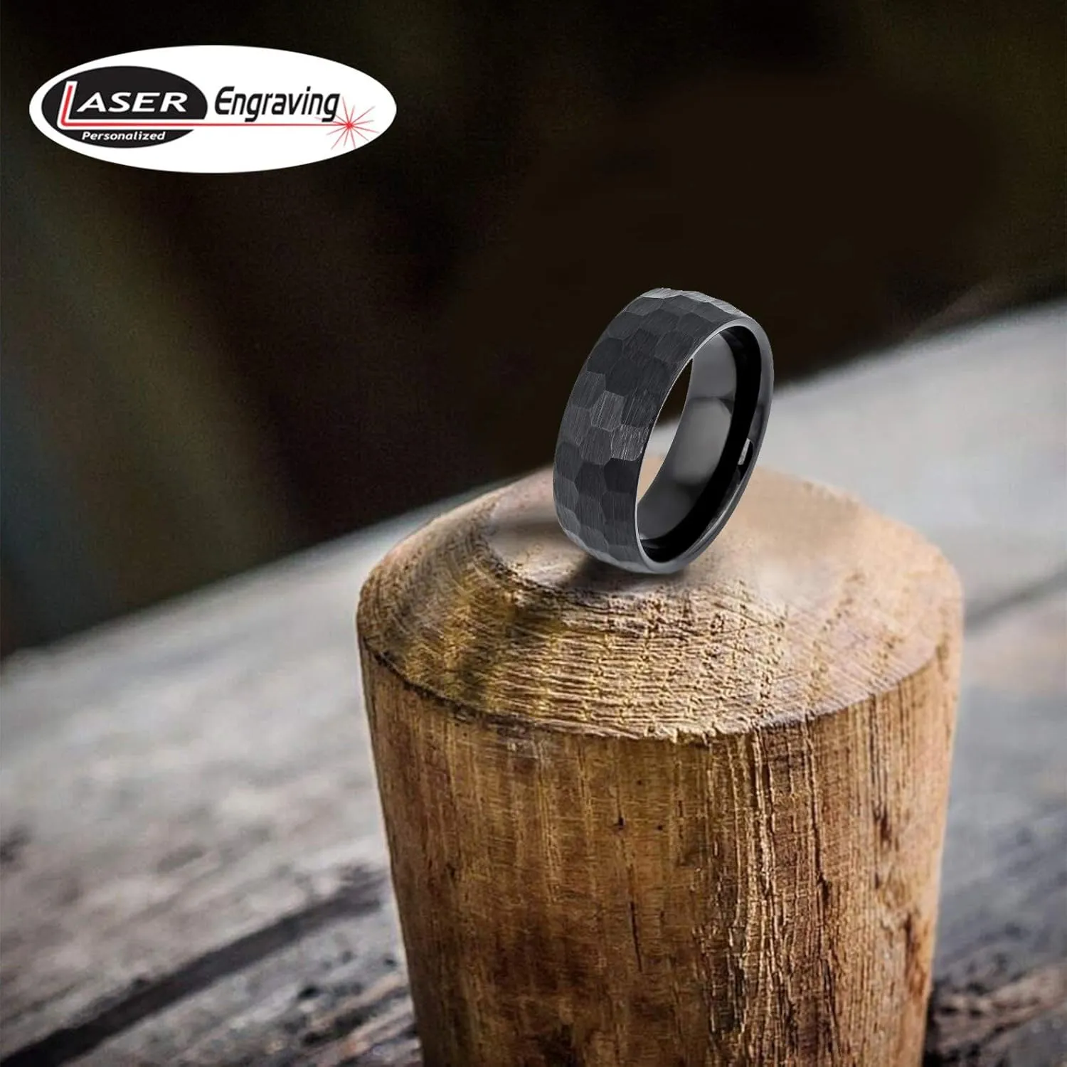 Personalized engraving Ring for Men and Ring for Women tungsten Band Rings 8mm Black IP Plated Brushed Hammered Center Wedding Band Ring Ideal Rings for couples
