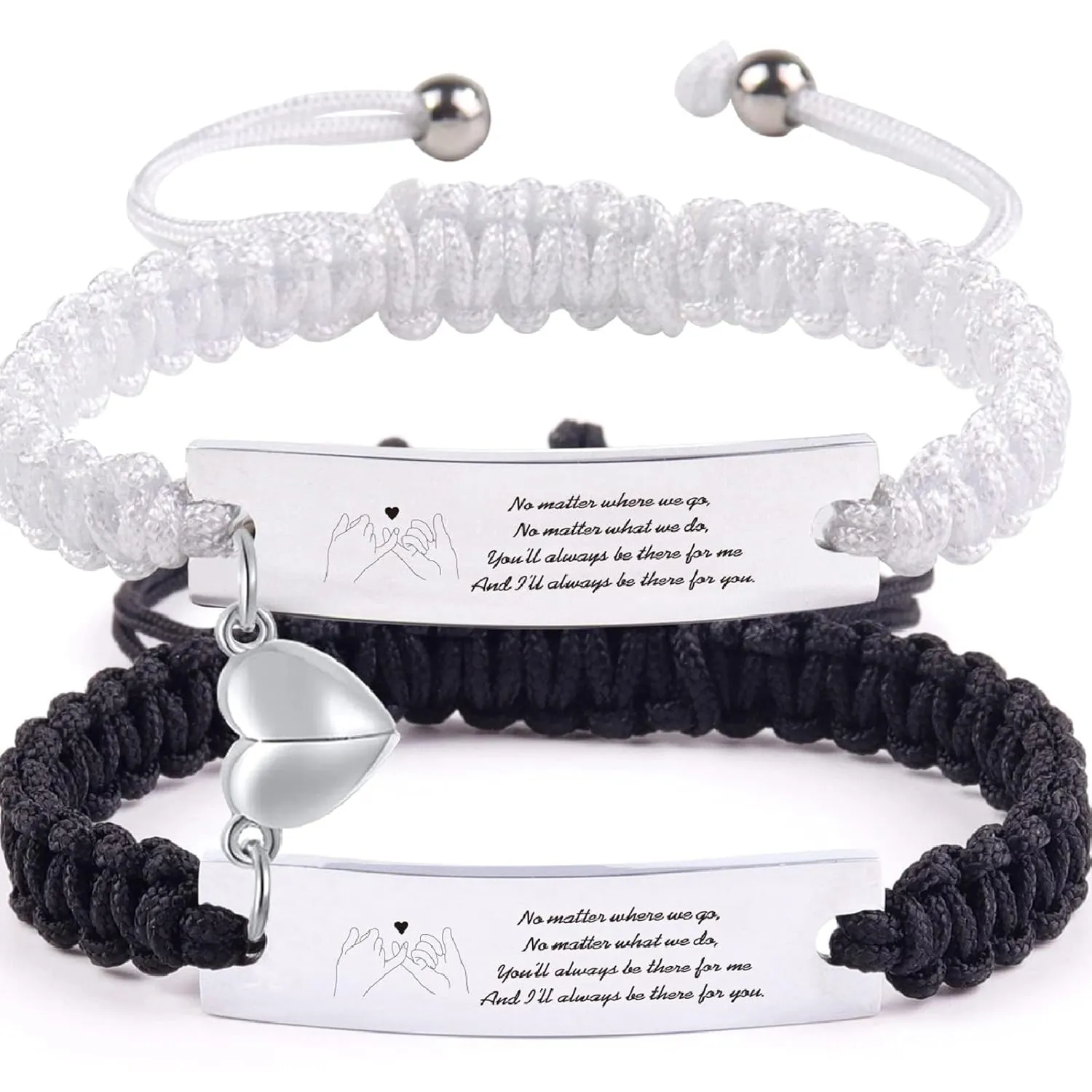 Personalized Matching Heart Bracelets Set for Couples- No Matter Where We Go Bracelets,Handmade Engraved Couples Bracelets,Personalized Braided Rope Wrist Bangle,Valentine's Day Gift for Women Men