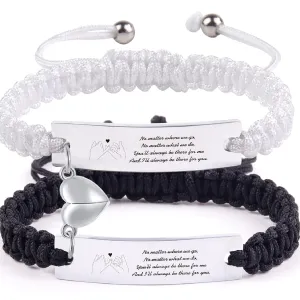Personalized Matching Heart Bracelets Set for Couples- No Matter Where We Go Bracelets,Handmade Engraved Couples Bracelets,Personalized Braided Rope Wrist Bangle,Valentine's Day Gift for Women Men
