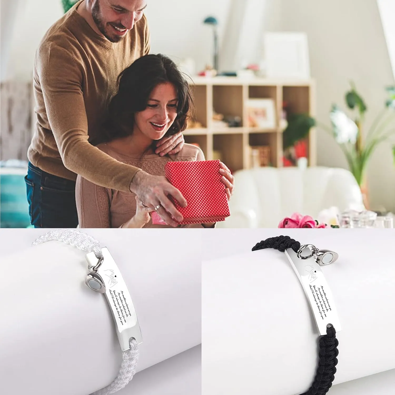 Personalized Matching Heart Bracelets Set for Couples- No Matter Where We Go Bracelets,Handmade Engraved Couples Bracelets,Personalized Braided Rope Wrist Bangle,Valentine's Day Gift for Women Men