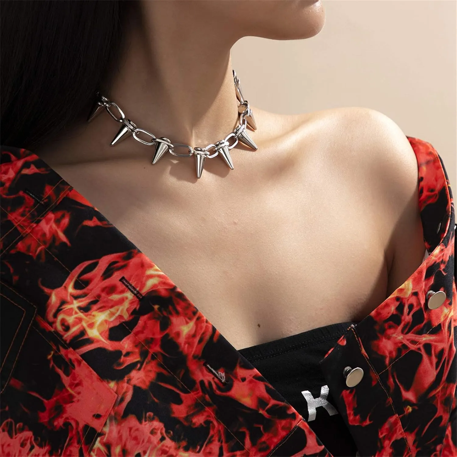Pingyongchang Punk Rivet Chokers Spike Plated Chain Necklace Gothic Pu Leather Key Lock Charms Rivets Layered Choker Streetwear Handmade Adjustable Vintage Jewelry for Women