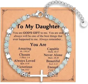 Pingyongchang Stainless Steel Cross Beaded Bracelets Catholic Religious Natural Beads Bracelets Christian Faith Jewelry Gifts for Women