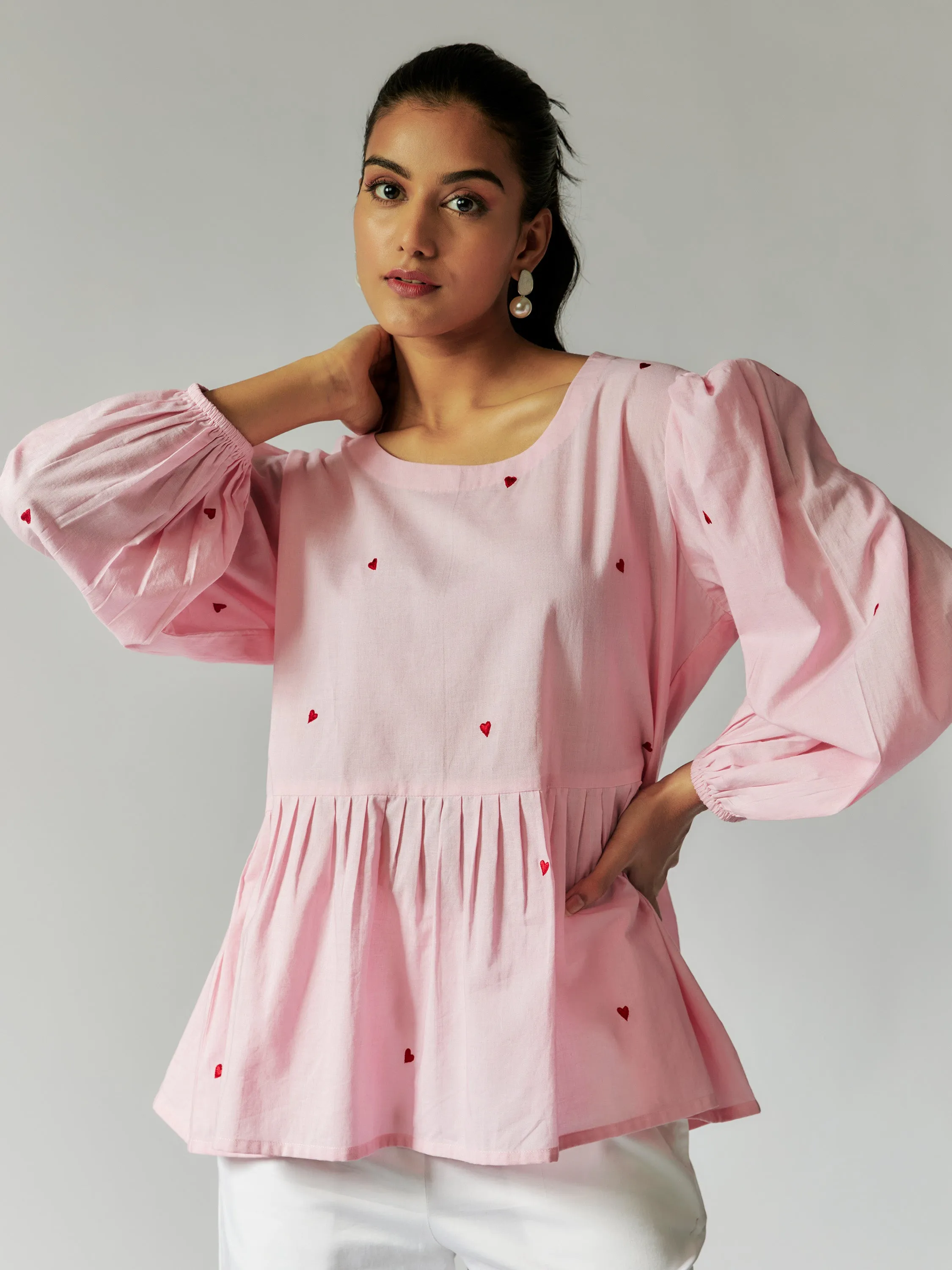Pink Cotton Mul Top with Red Heart Embroidery