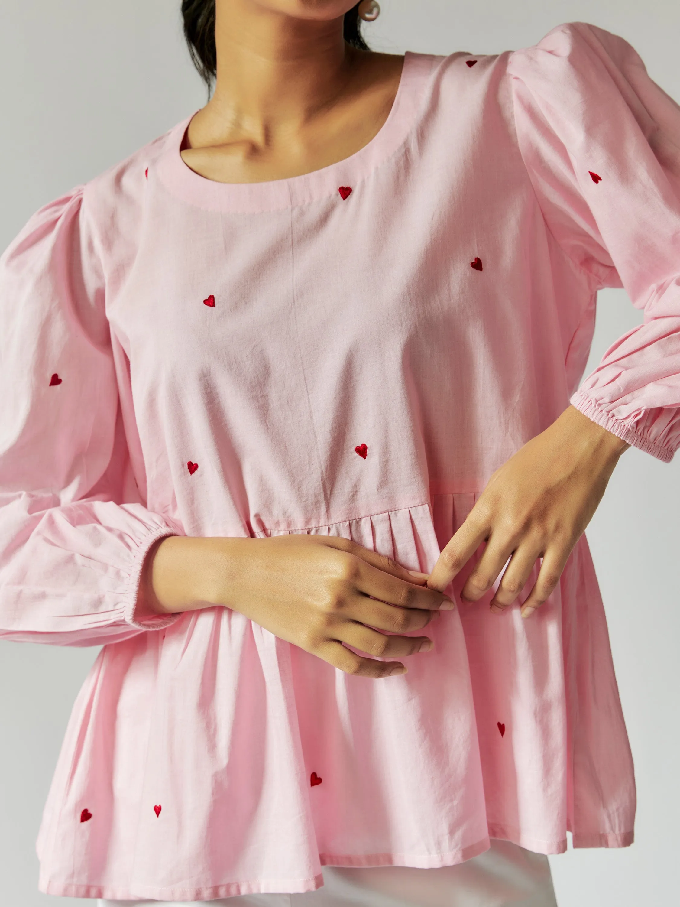 Pink Cotton Mul Top with Red Heart Embroidery