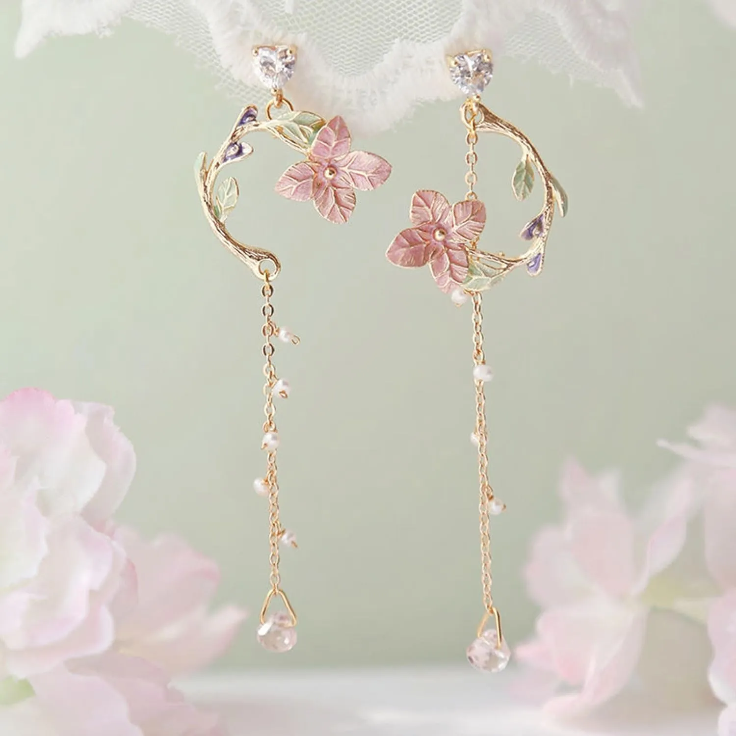 Pink Flower Earrings for Women Flower Statement Earrings Fairy Summer Refreshing Seaside Idyllic Holiday Earrings Cute Leaf Sakura Leaf Earrings