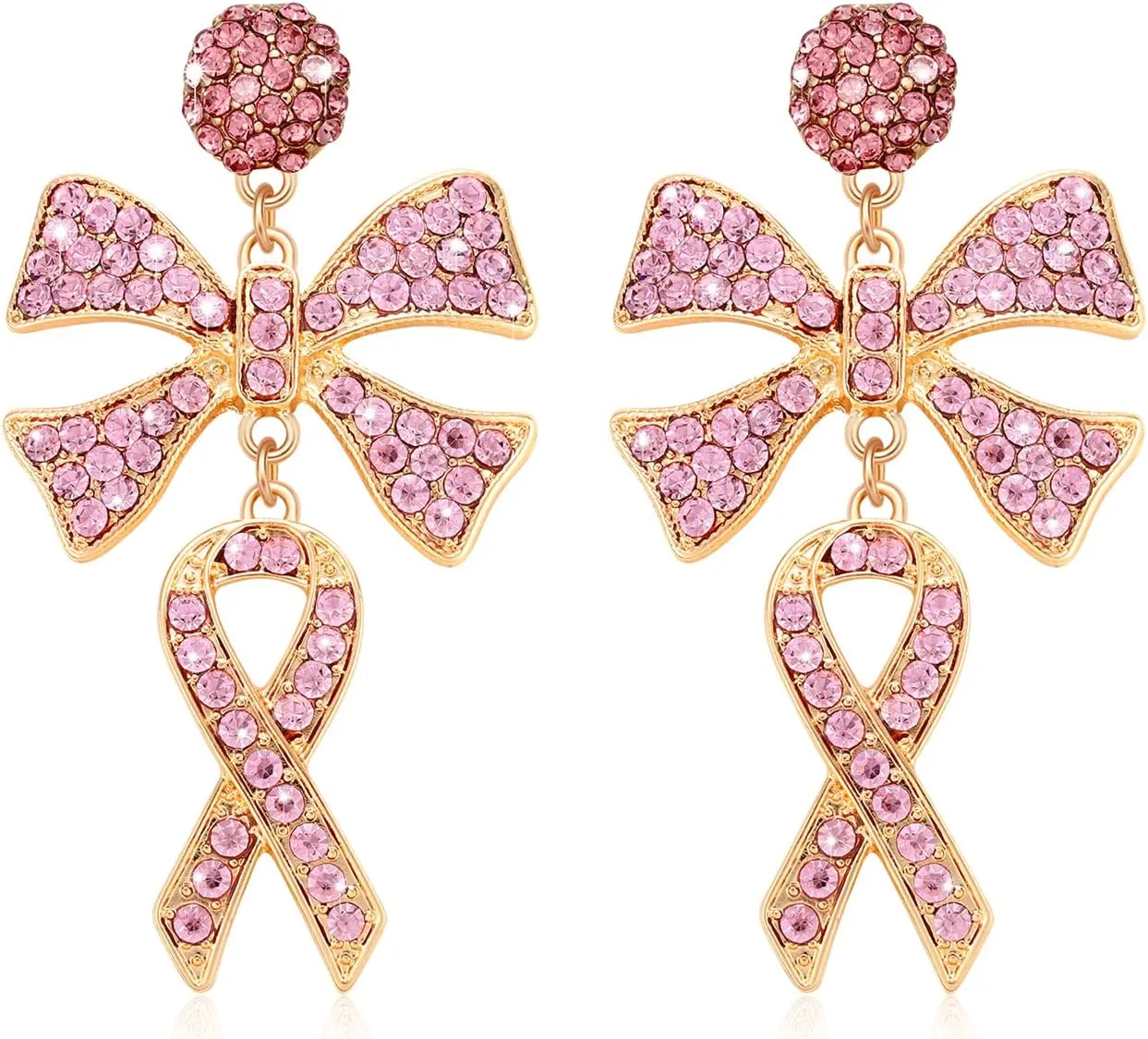Pink Ribbon Earrings Breast Cancer Awareness Heart Earrings Jewelry for Women girls Sparkly Rhinestone Beaded Bow Ribbons Drop Dangle Earrings Breast Cancer Survivor Support Item Gifts