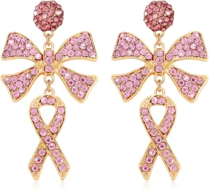 Pink Ribbon Earrings Breast Cancer Awareness Heart Earrings Jewelry for Women girls Sparkly Rhinestone Beaded Bow Ribbons Drop Dangle Earrings Breast Cancer Survivor Support Item Gifts