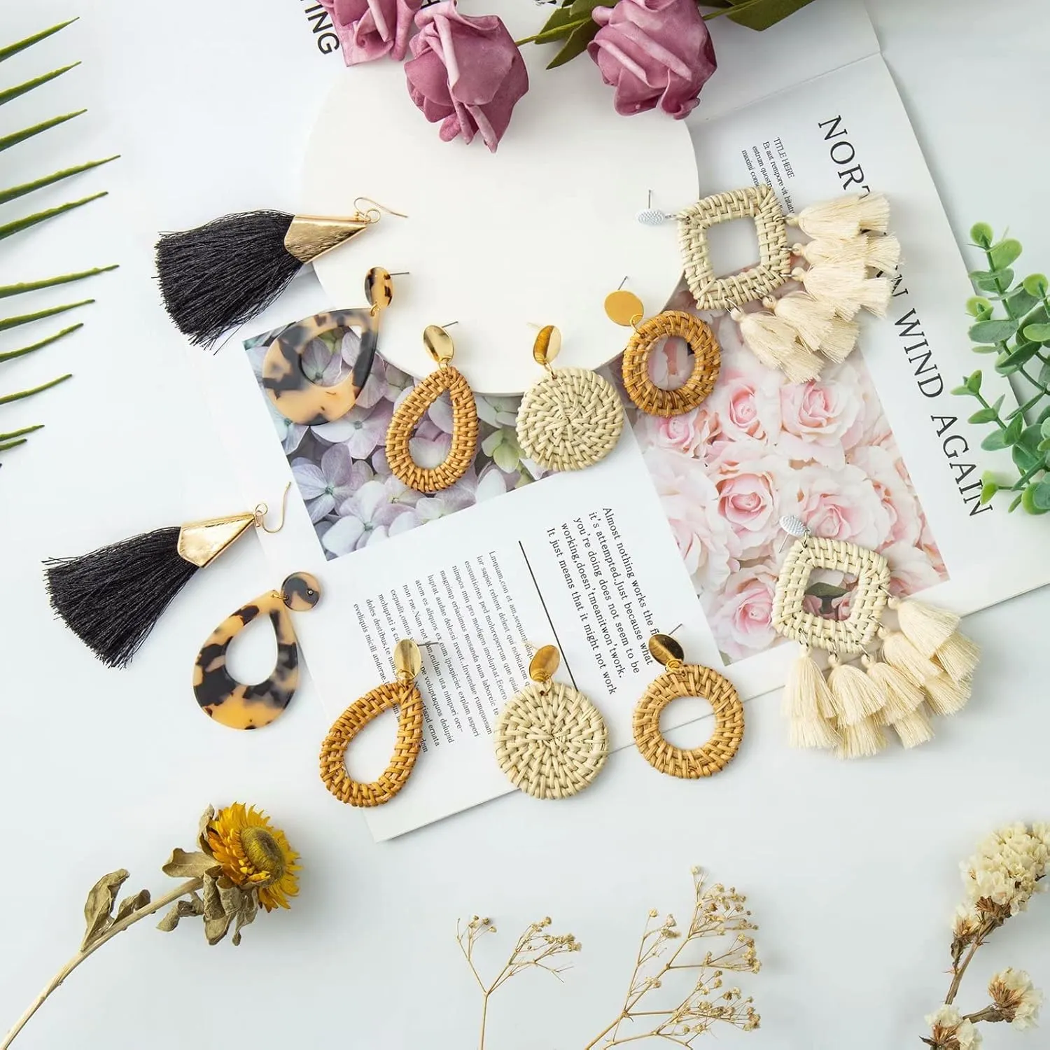 Ponpon 6-18 Pairs Earrings for Women, Lightweight Summer Earrings Straw Earrings Fashion Geometric Statement Hoop Dangle Drop Earrings for Women