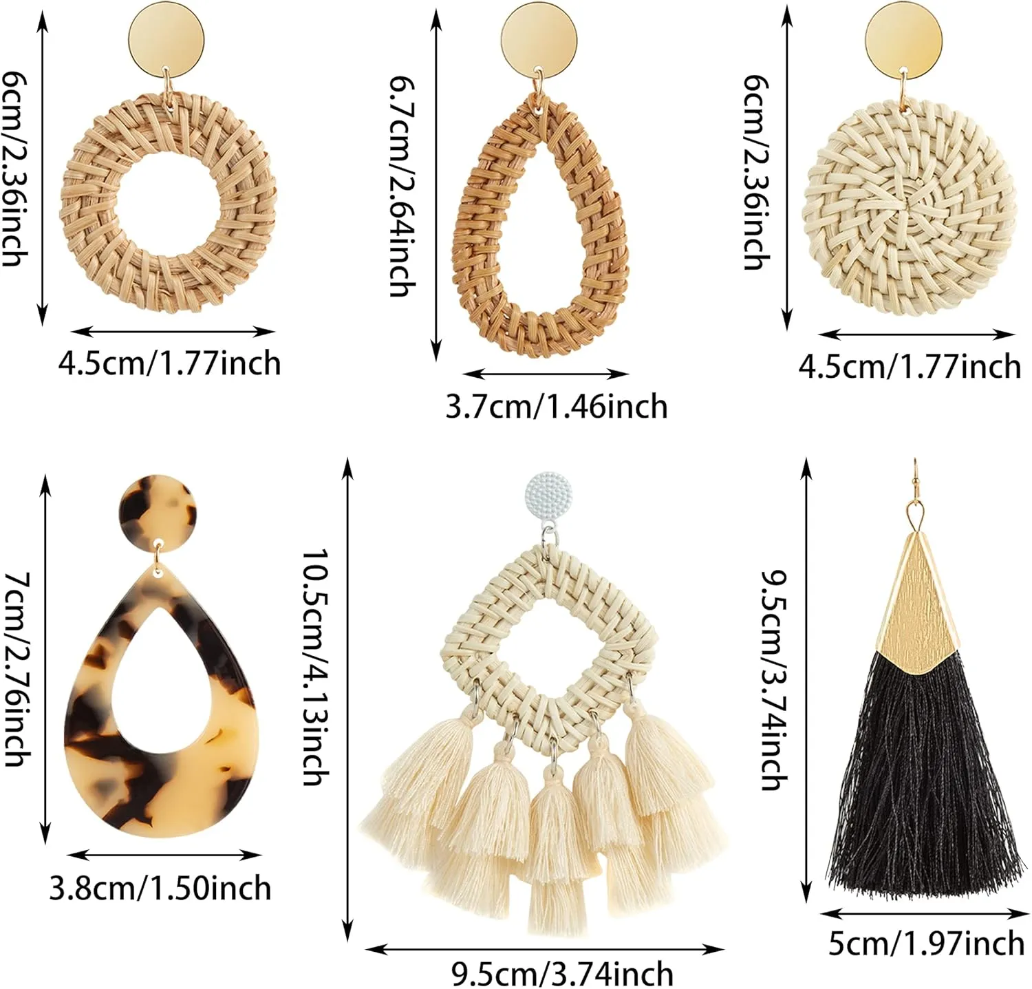 Ponpon 6-18 Pairs Earrings for Women, Lightweight Summer Earrings Straw Earrings Fashion Geometric Statement Hoop Dangle Drop Earrings for Women