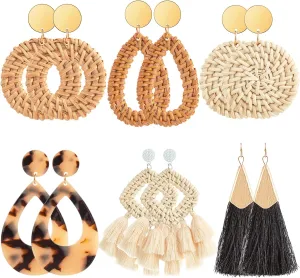 Ponpon 6-18 Pairs Earrings for Women, Lightweight Summer Earrings Straw Earrings Fashion Geometric Statement Hoop Dangle Drop Earrings for Women