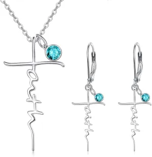 PRAYMOS Faith Cross Necklace and Earrings Set with Birthstone, 925 Sterling Silver Religious Christian Gift