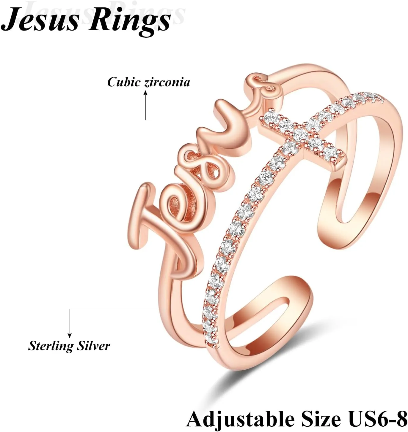 PRAYMOS Sterling Silver Adjustable Rings Fearless/Faith/Jesus Ring Christian Religious Rings Confirmation Jewelry Gifts