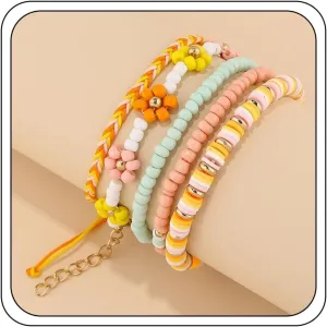 Preppy Jewelry for Women, 5pcs Colorful Dainty Cute Beaded Flower Stretch Stackable Trendy Bracelets Set Friendship Jewelry Gifts