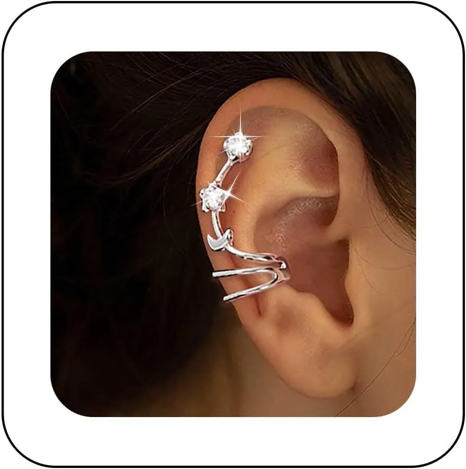 Punk Crystal Ear Cuff Earrings Rhinestone Cartilage Cuff Earrings Silver Cz Cuff Wrap Earrings No Piercing Earrings Hoop Crawler Cuff Earrings Jewelry for Women