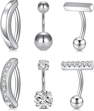 QWALIT Belly Rings - Short Bar Belly Button Rings in Surgical Steel with Opal Stones - 6mm & 10mm
