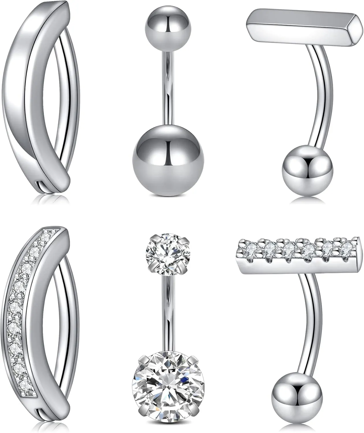 QWALIT Belly Rings - Short Bar Belly Button Rings in Surgical Steel with Opal Stones - 6mm & 10mm